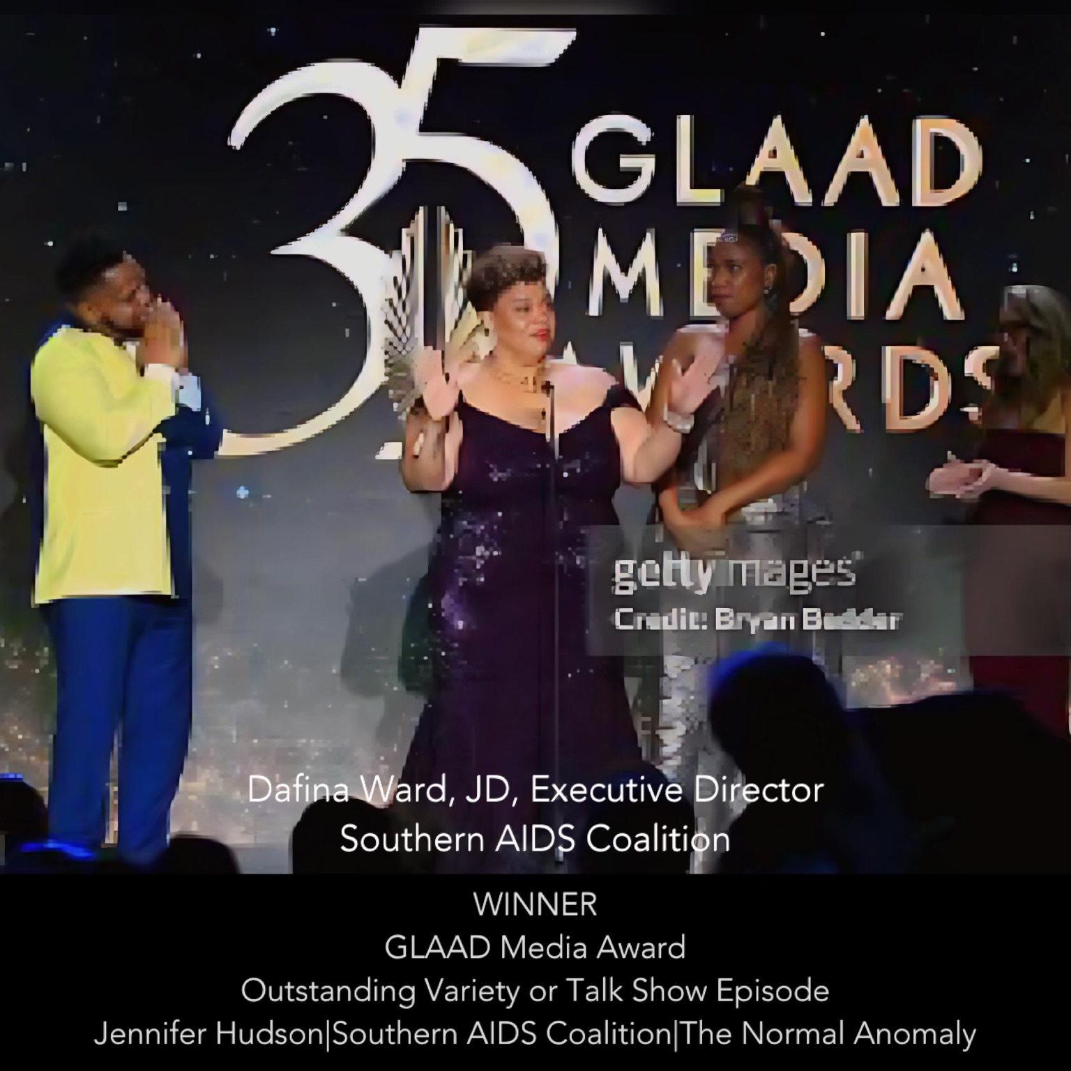 Ian Haddock from The Normal Anomaly, Jennifer Hudson, and Dafina Ward, Executive Director of Southern AIDS Coalition. Winner GLAAD media award outstanding talk show